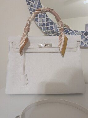 Hermes Kelly 35 Retourne Blanc Clemence Leather Palladium Hardware Handbag